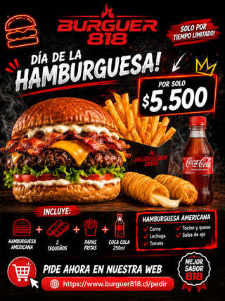 Producto Día de la Hamburguesa: Burger americana + 2 tequeños + papas fritas + bebida 250ml