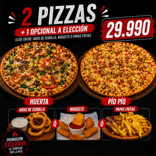 Producto Pizza Huerta mediana + Pizza Pío Pío + picoteo a elección