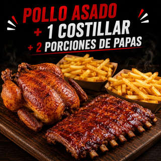 Producto Pollo asado + Costillar + 2 porciones de papas naturales