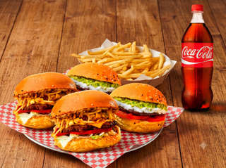 Producto 4 Burgers + papas pequeñas + bebida de 1lt