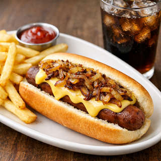 Producto Hot Dog Queso Cebolla con papas y bebida
